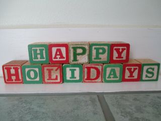 Vintage Abc Toy Alphabet Blocks - Happy Holidays Red Green Home Decor Christmas