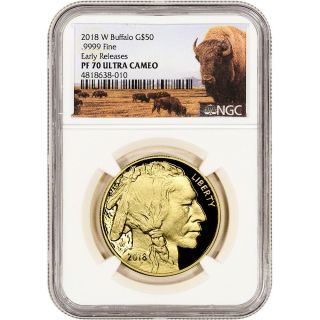 2018 - W American Gold Buffalo Proof 1 Oz $50 Ngc Pf70 Early Releases Bison Label