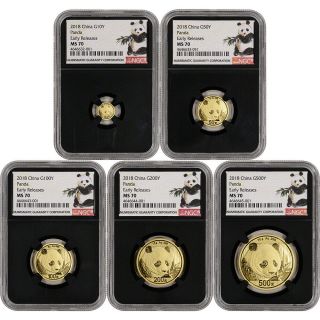 2018 China Gold Panda - 5 - Pc.  Year Set - Ngc Ms70 Early Releases Ink Brush Black