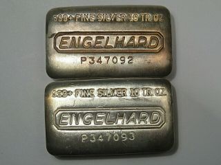 2 Vintage Consecutive Sn 10 Troy Oz.  999,  Fine Silver Engelhard Loaf Poured Bars