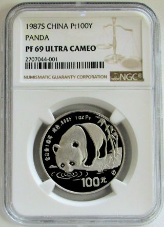 1987 S Platinum China 100 Yuan Panda 1 Oz Coin Ngc Proof 69 Ultra Cameo