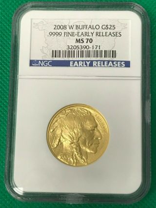 2008 W G$25 Ngc Ms 70 American Gold Buffalo,  Uncirculated 1/2 Oz.  Half Ounce