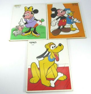 3 Vintage Playskool Wooden Puzzles Walt Disney Pluto Donald Duck Mickey Minnie