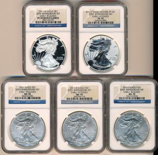 2011 American Silver Eagle 25th Anniversary 5 Coin Set Ngc Pf 70 & Ms 70