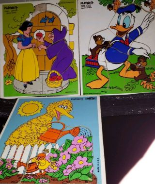 3 Vintage Playskool Wooden Puzzles Walt Disney Snow White Donald Duck Big Bird