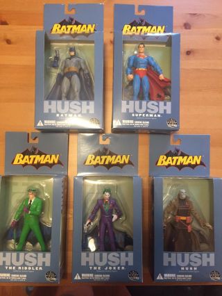 5 Dc Action Figures: Batman,  Hush,  Superman,  Joker,  Riddler &