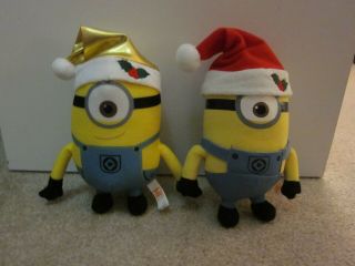 Toy Factory Despicable Me Plush Christmas Minions In Red & Gold Santa Hats 8 "
