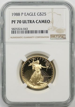 1988 - P Gold Eagle G$25 Ngc Pf 70 Ultra Cameo Half - Ounce 1/2 Oz Fine Gold