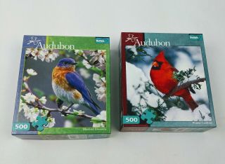 Audubon Winter Cardinal & Bluebird Blossoms Buffalo Puzzle 500 Pc 2010 Complete