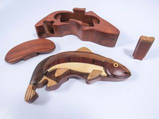 Rainbow Trout Hand Carved Wooden Puzzle Box Curio Jewelry Wildlife Treasure Safe