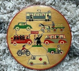 Vintage Simplex Round Wood Puzzle Made In Holland Streetcar Bus Fire Truck Bike