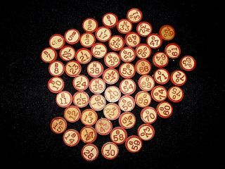 Vintage Wooden 59 Bingo Calling Number Markers Red Chips,  Crafts