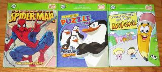 3 Leap Frog Tag Reader Books Spider - Man Penguin Puzzle Time Mr Pencil Draw Write