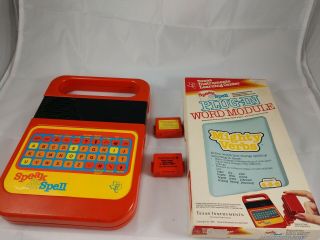 Texas Instruments Speak & Spell Electronic Game W/ 3 Cartridges No Battery Cover