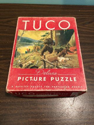 Vtg 1940s Tuco Deluxe Picture Puzzle “time For Action " Bears Dog Canoe 16 " X 20 "