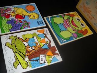3 Vtg Playskool Wood Puzzles Baby Kermit Frog,  Big Bird,  The Tortoise & The Hare