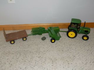 3 Ertl 1/16 John Deere 2755 Tractor W/ 348 Baler & Flat Bed Trailer Toys