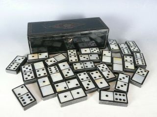 Antique Mother Of Pearl Ebony Dominoes Set 19thc