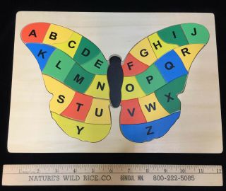 Abc Wood Puzzle Jigsaw Butterfly Shaped Alphabet Colorful Wooden 8x12 Tray