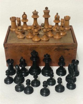 Antique Chess Set - In Wooden Box