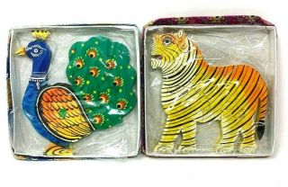 Vintage Hand Made Indian 3d Wooden Puzzles Hand Painted Peacock And Tiger