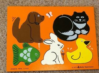 Vintage Wooden Puzzle 1975 Pets Judy Instructo Dog Cat Rabbit Fish Duck 5 Piece