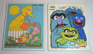 Playskool Wooden Puzzles (2) Vintage Sesame Street Big Bird Grover Cookie Oscar