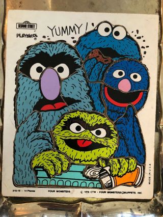 Playskool Sesame Street Vtg Wooden Puzzle Four Monsters 1976 Grover Oscar