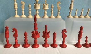 Chess Set,  Carved Bone Barleycorn Antique -