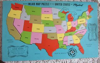 Vintage 1960s? Playskool Wood Inlay Map Puzzle Of The United States Complete