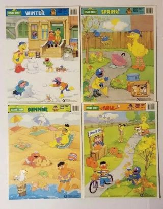 4 Vintage 1991 Sesame Street Frame Tray Puzzles – All Four Seasons
