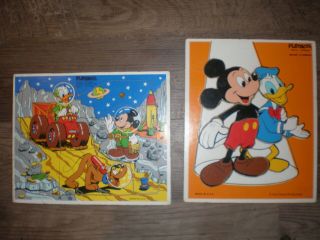 2 Vtg Playskool Wooden Puzzles Disney Mickey & Donald And Moon Adventure Pluto