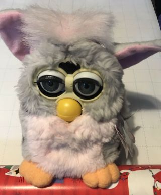 1998 Tiger Electronics Furby Grey With Black Spots Pink Inside Ears Blue Eyes