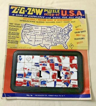 Vintage Roalex Zig - Zaw Sliding Puzzle Map Of The Usa With Display Card 1960’s