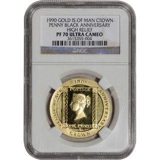 1990 Isle Of Man Gold Crown Penny Black Anniversary High Relief Ngc Pf70 Ucam