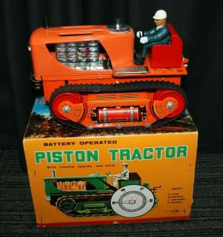Vintage Japanese Battery Operated Piston Tractor W/ Box [069chj]