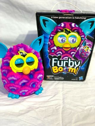 Rare Pink Blue Purple Peacock Waves Furby Boom Box With Sticker Sheet