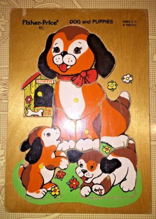 Vintage Fisher Price Dog And Puppies Wooden Preschool Puzzle