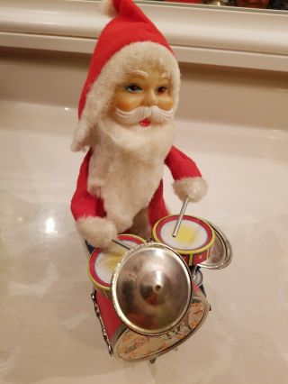 1950s Alps Japan Tin Litho Happy Santa Claus Christmas Drummer Battery Op