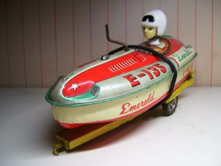 Yonezawa Japan Tin Wind - Up Emerald Speed Boat And Trailer Exc,