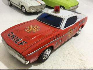 Vintage Taiyo? Ford Mustang Mach 1 Fire Chief Fastback Red 10” Tin Battery Japan