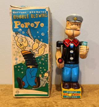 Linemar Battery Operated Bubble Blowing Popeye Tin Litho Toy W/ Box