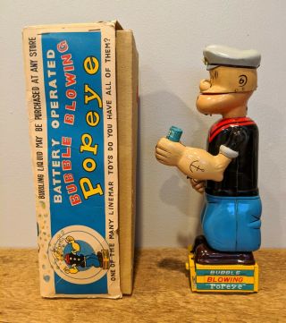 Linemar Battery Operated Bubble Blowing Popeye tin litho toy w/ box 2