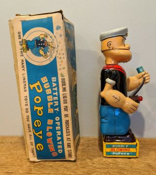 Linemar Battery Operated Bubble Blowing Popeye tin litho toy w/ box 3