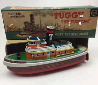 C 1950s Tuggy The Tugboat Marusan Japan Battery Op Real Smoking York W Box