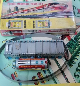 Rare HAJI Battery Operated 12 Piece Tin Monorail Train Set Japan 2653 2
