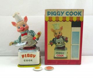 Vintage Piggy Cook Battery Operated Tin Toy Japan W/box,  Eggs Ham Bacon