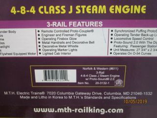 MTH 3 rail Premier N&W 4 - 8 - 4 J 611 plus 5 car 70 ' steamline pass car set 2