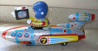 Vintage Tin Litho Battery Operated Toy Spaceship Rocket Universe Televiboat