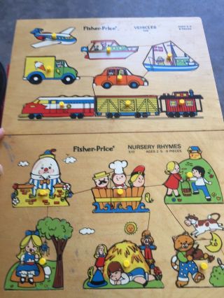 2 Vintage Fisher Price Wood Preschool Puzzles 510 Nursery Rhymes 508 Vehicles